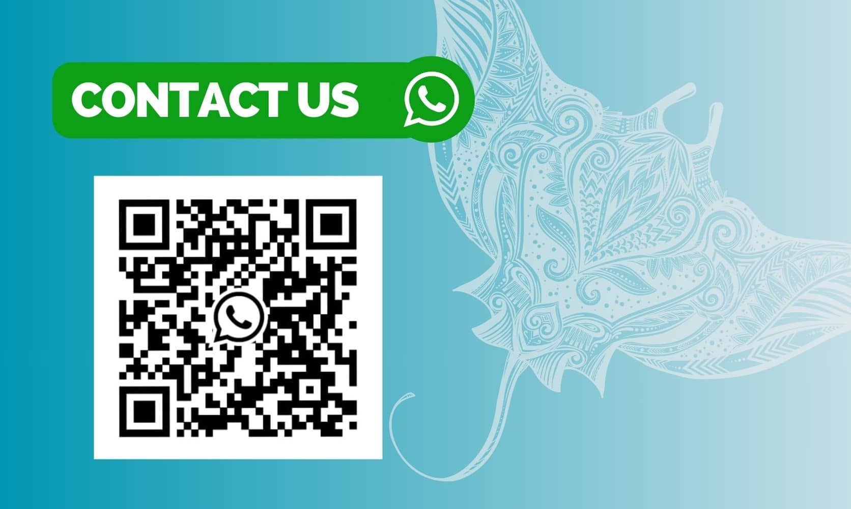 Código QR de WhatsApp dentro de un recuadro blanco a la izquierda y texto verde "CONTACT US" con logo de WhatsApp sobre fondo azul con diseño ornamental a la derecha.