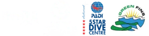 Cuatro logotipos alineados: Manta Trust con silueta de mantarraya, Marine Megafauna Foundation con círculo y pez, PADI 5 Star Dive Centre con globo terráqueo y tres estrellas rojas, y Green Fins con ola y sol.