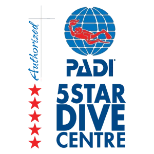 Logotipo vertical de PADI 5 Star Dive Centre: globo con buceador rojo, texto azul PADI y 5 STAR DIVE CENTRE, barra izquierda con cruz, palabra "Advanced" y cinco estrellas rojas.