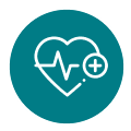 Icono circular verde azulado con un corazón y línea de electrocardiograma blanca, símbolo de salud y añadido, texto asociado Nusa Penida.