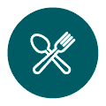 Icon blanco de cubiertos cruzados (cuchara y tenedor) sobre fondo circular verde con borde blanco, texto sugerido Nusa Penida para ficha.