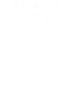 White TripAdvisor Travellers' Choice Awards logo with laurel wreath on transparent background, Nusa Penida mentioned in surrounding text