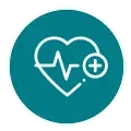 Icono circular verde azulado con un corazón y línea de electrocardiograma blanca, símbolo de salud y añadido, texto asociado Nusa Penida.
