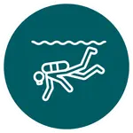 Icono de buceador con equipo nadando bajo la superficie en Nusa Penida, estilo pictograma sobre fondo circular.