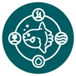 Icono circular verde de Nusa Penida que muestra un pez central rodeado por cuatro símbolos marinos, sugiriendo conservación marina.