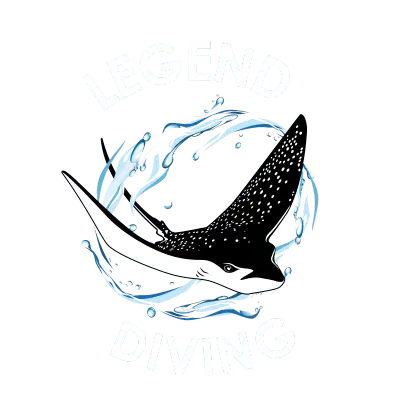Manta raya nadando entre salpicaduras azules con texto "Legend Diving" y mención de Nusa Penida.