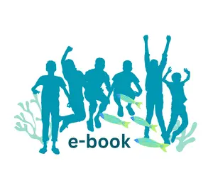 Siluetas turquesa de seis niños saltando sobre fondo blanco con peces y algas, y la palabra "e-book" debajo.