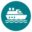 Icono circular que muestra un ferry blanco navegando sobre olas, representando transporte en barco hacia Nusa Penida.
