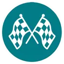 Icono de dos banderas a cuadros cruzadas en círculo verde, símbolo de carrera; diseño plano, texto no visible, Nusa Penida.