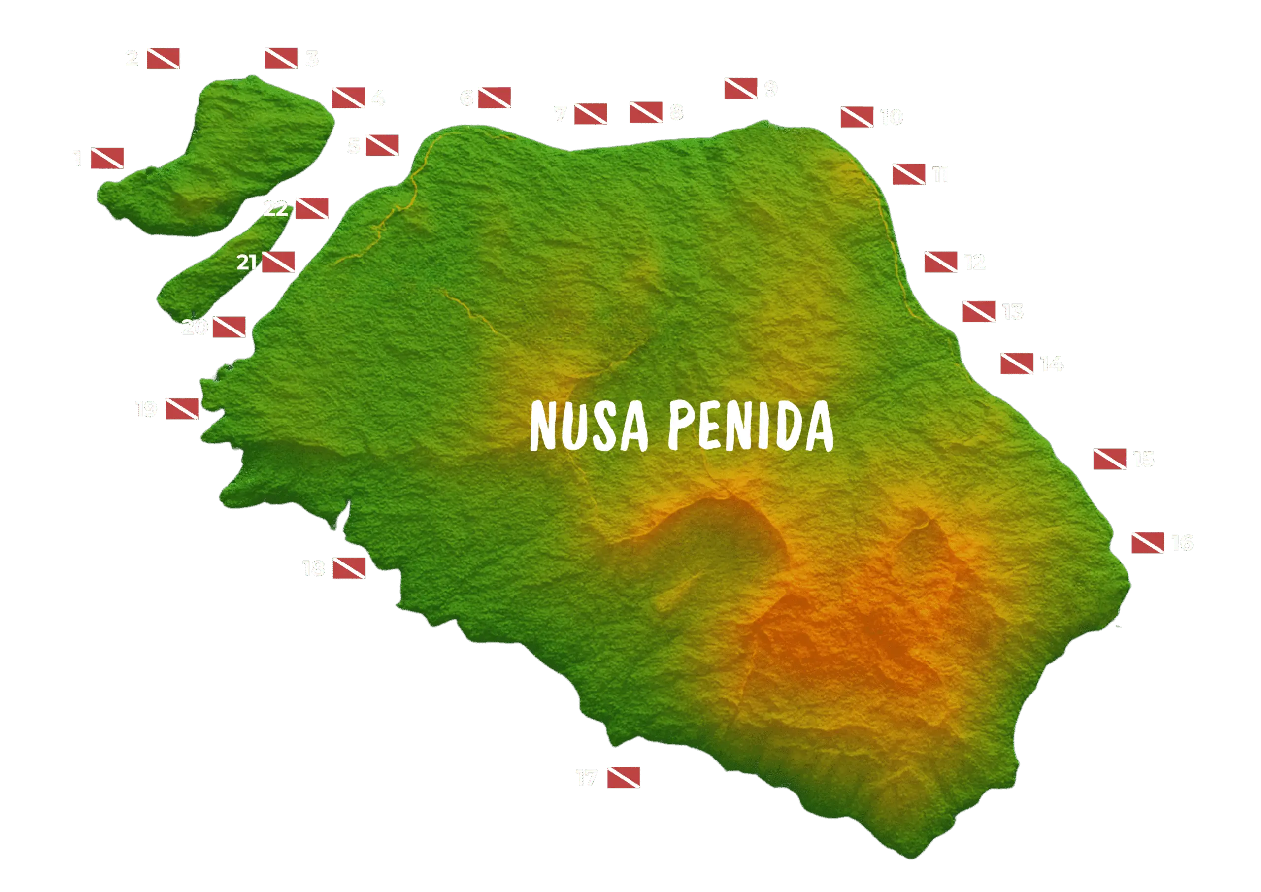 Mapa en relieve de Nusa Penida con señalización numerada de 22 puntos de buceo alrededor de la isla y texto central "NUSA PENIDA".