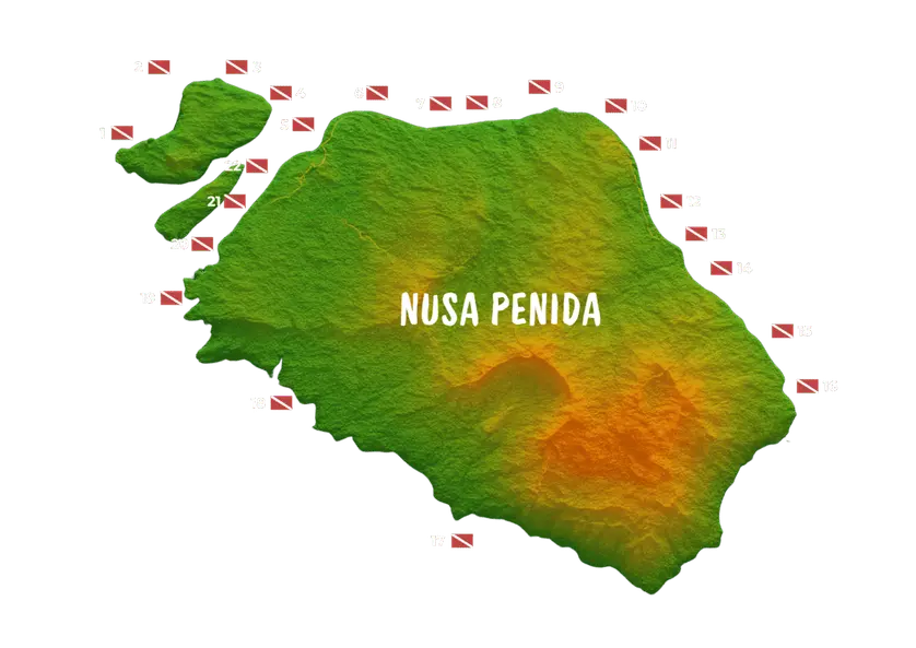 Mapa topográfico de Nusa Penida con textura en verdes y naranjas mostrando relieve y 22 puntos numerados con iconos de buceo alrededor de la isla.