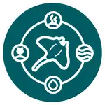 Símbolo circular verde con mantarraya estilizada en el centro y cuatro iconos alrededor; diseño gráfico relacionado con Nusa Penida.