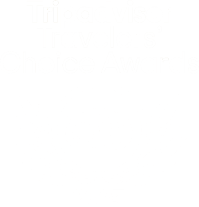 White TripAdvisor Travellers' Choice Awards logo with laurel wreath on transparent background, Nusa Penida mentioned in surrounding text