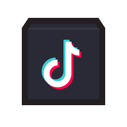 Logotipo de TikTok blanco con borde azul y rojo sobre fondo cuadrado oscuro con marco gris.