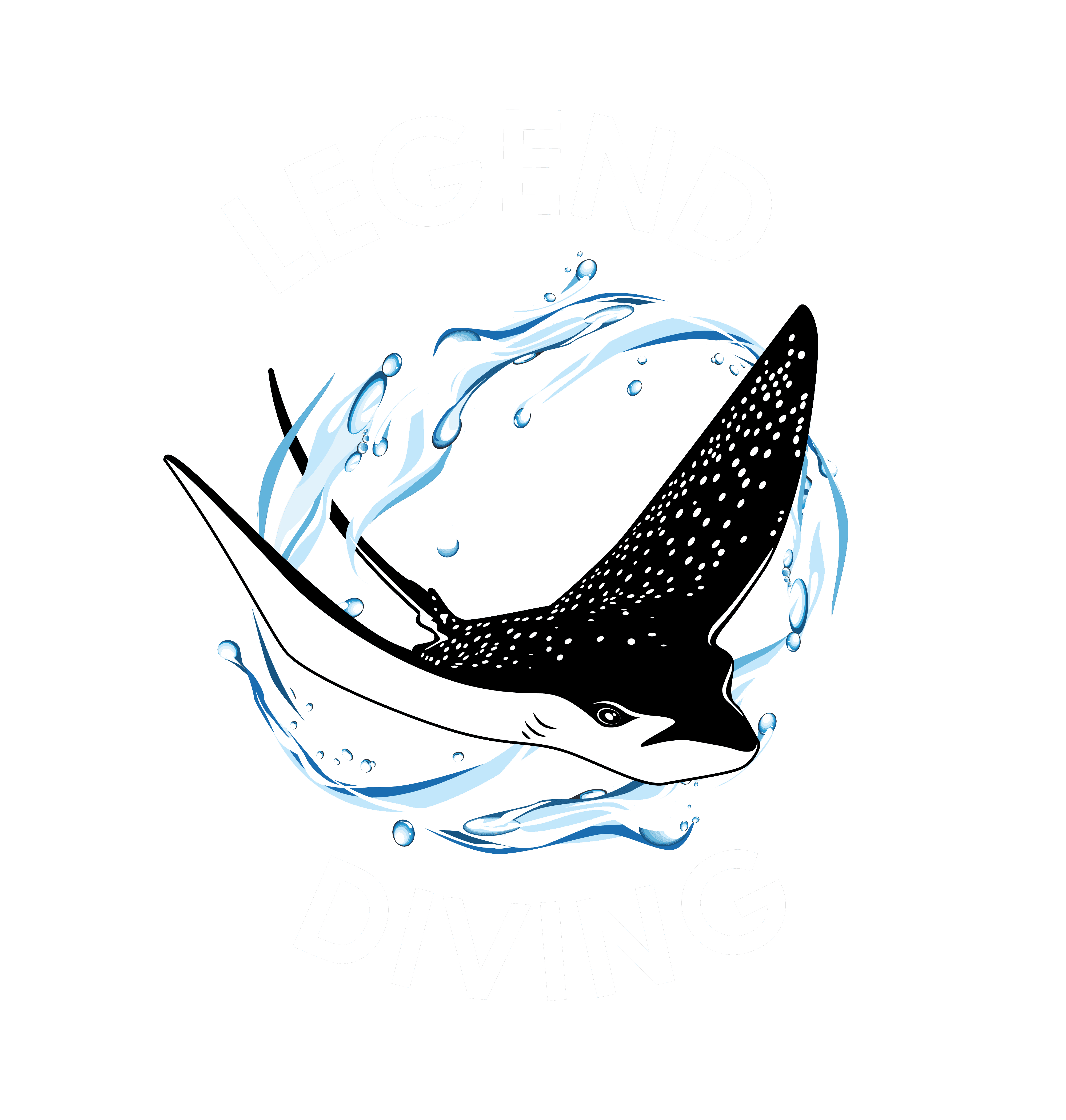 Manta raya nadando entre salpicaduras azules con texto "Legend Diving" y mención de Nusa Penida.