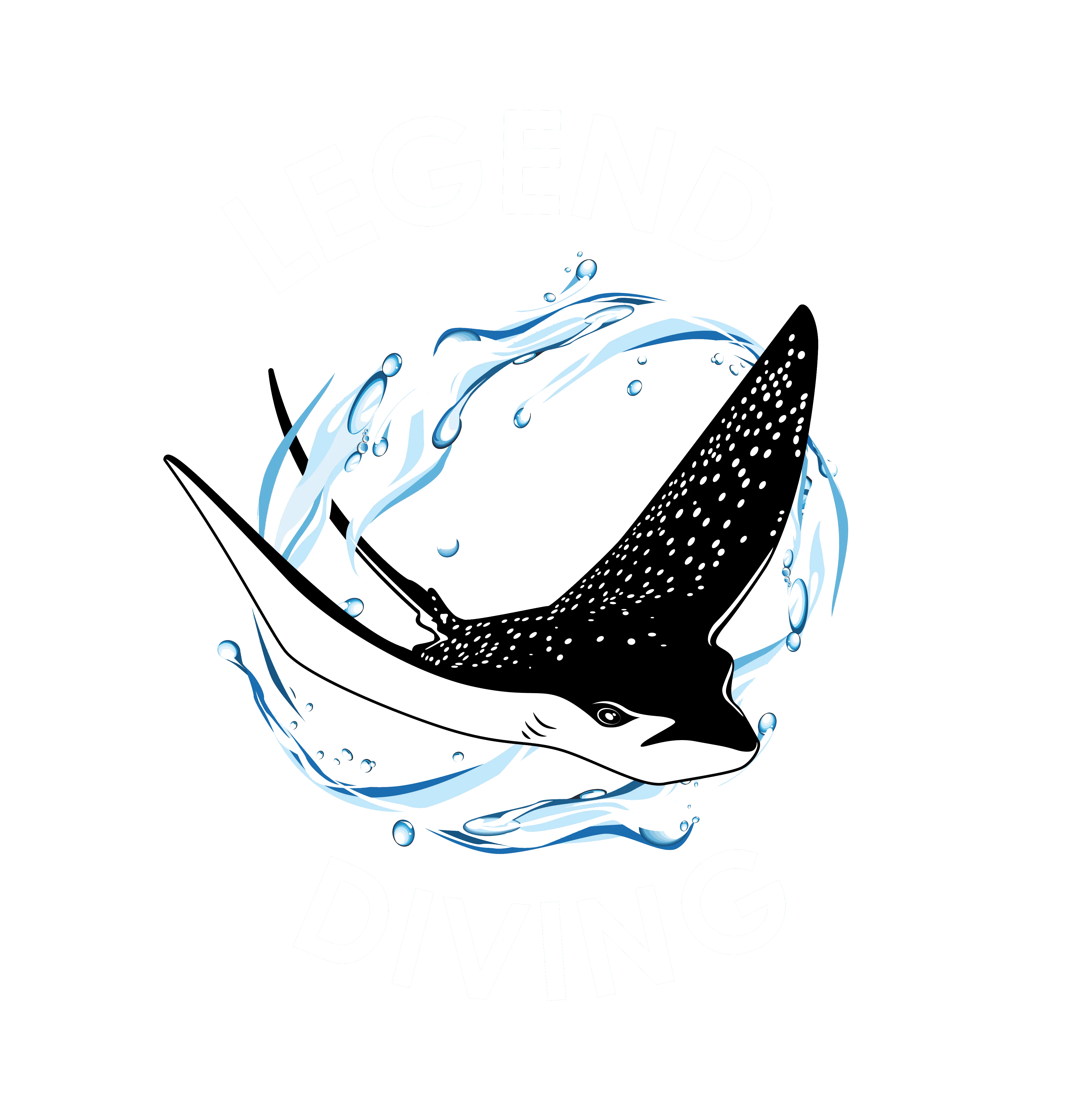 Manta raya nadando entre salpicaduras azules con texto "Legend Diving" y mención de Nusa Penida.