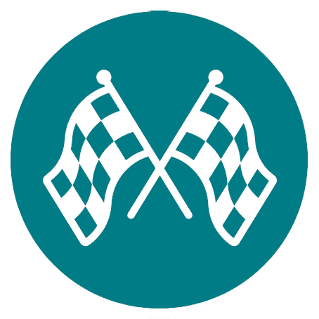 Icono de dos banderas a cuadros cruzadas en círculo verde, símbolo de carrera; diseño plano, texto no visible, Nusa Penida.